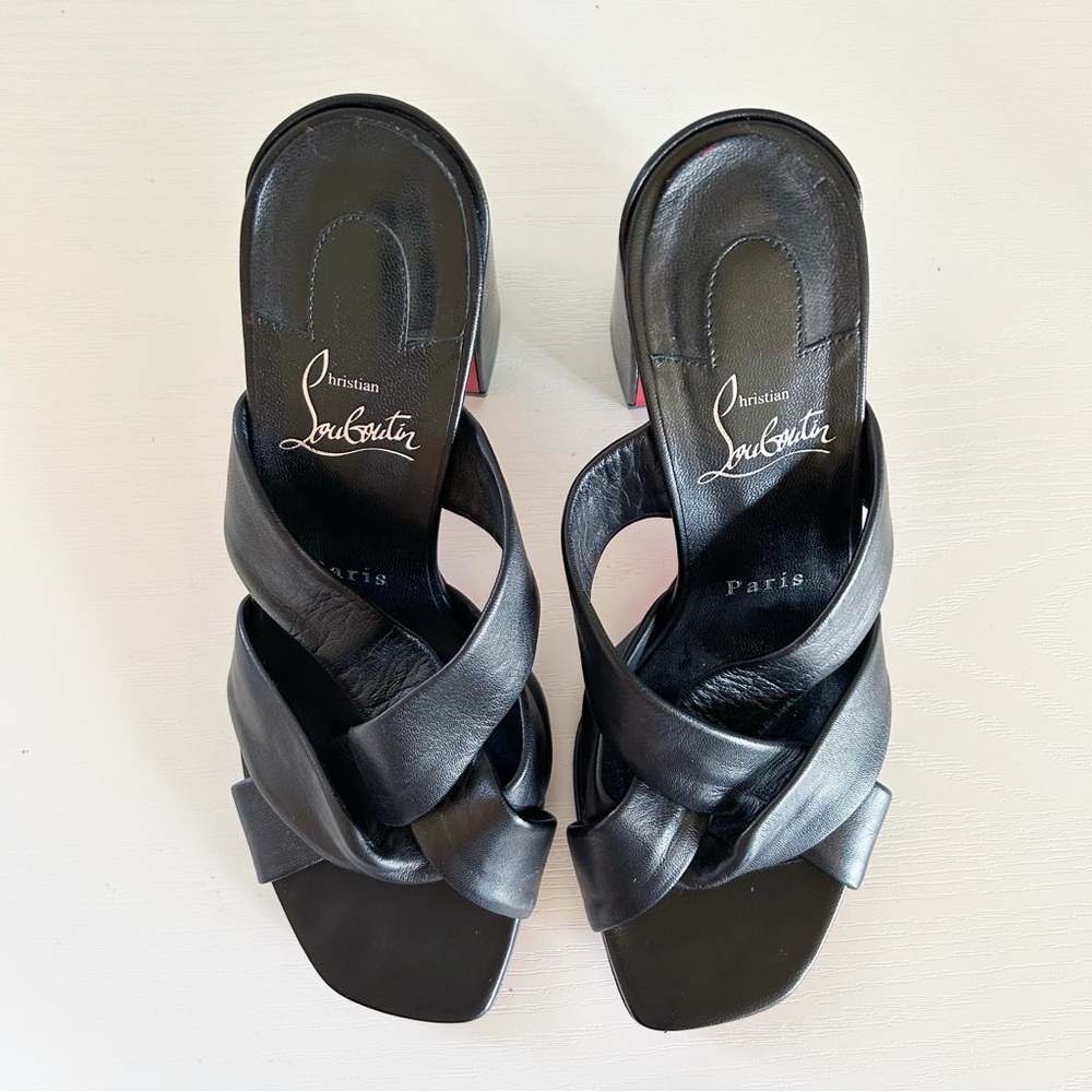 Christian Louboutin Black Leather Crisscross Block Heel Sandals with Red Sole - Picture 5 of 13